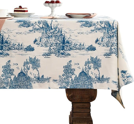 patdrea Designer Vintage Cyan Long Tablecloth for Rectangle Table,Linen Ancient Castle and Manor Pattern Tablecloths,Table Cover Decor for Kitchen Dining Christmas,Thanksgiving,63"x102"-Lucerne a