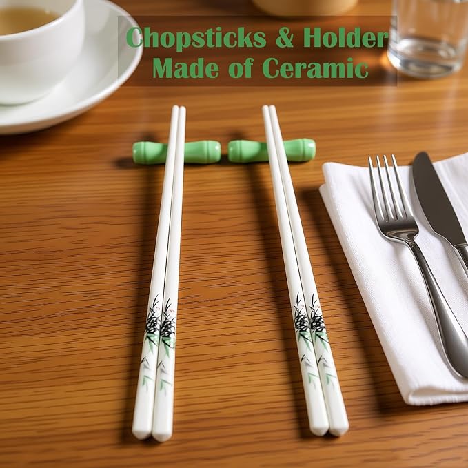 Porcelain Chopsticks, Green Bamboo,2 Pairs with Ceramic Holder | Reusable, Delicate Box,Dishwasher Safe, Chinese Japanese Korean Classic Stylish