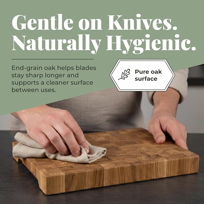 End Grain 10"x7.5" European Oak Wood Cutting Board with Non-Slip Feet & Handles, Charcuterie Board, Knife-Friendly, Serving Chopping Board for Kitchen