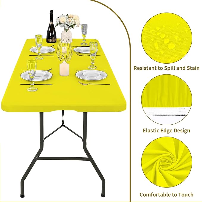 10 Pack Fitted Tablecloth for 6 Foot Rectangle Tables, Yellow Elastic Outdoor Picnic Table Cover, Washable Stretch Folding Table Cloths 6 ft for Camping Party Patio Kitchen Banquet, 30" W x 72" L