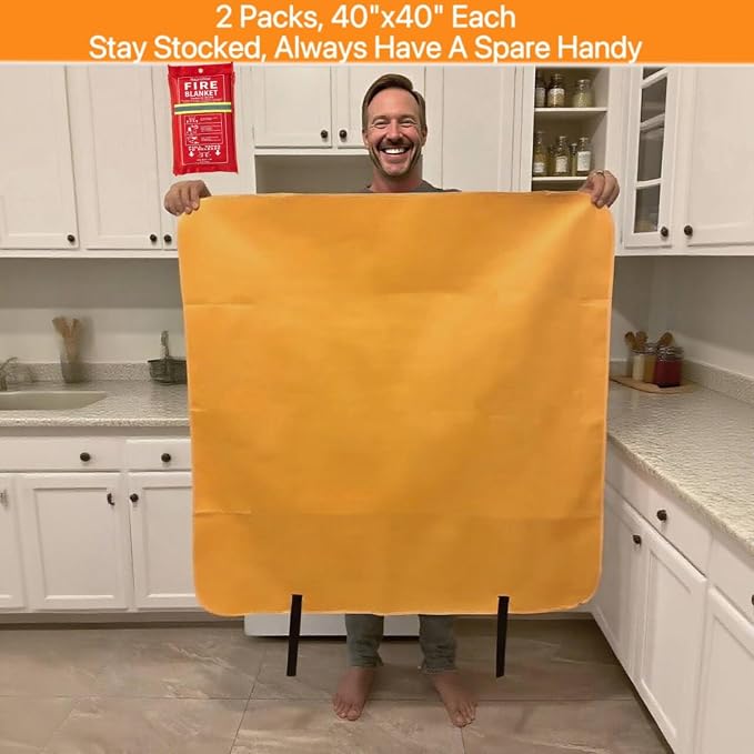 Emergerncy Silicone Fire Blanket for Home and Kitchen, 2 Pack 40"x40" Skin-friendly Fireproof Blanket, Glow-in-the-dark, Fire Retardant Suppression Compatible with Extinguisher