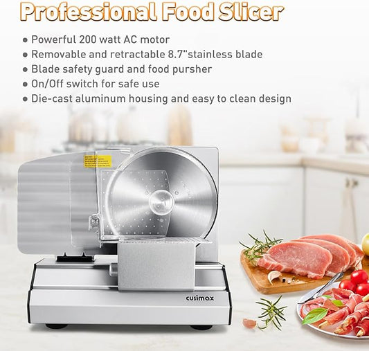 Meat Slicer,CUSIMAX Electric Deli Meat Slicer with 2 Removable 8.7''Stainless Steel Blades,Removable Food Carriage,1-20mm Adjustable Thickness Food Slicer for Home,Easy for Cut Meat,Cheese,Bread