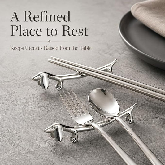 ChezMax Pack of 5 Zinc Alloy Chopsticks Spoon Forks Knives Tableware Rest Set, Silver Dog