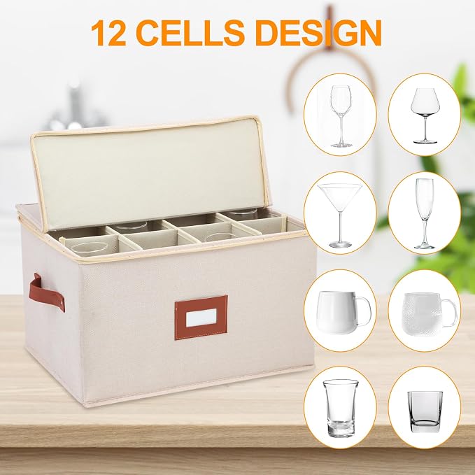 Stemware Storage Cases 2 Pack, Wine Glass Storage Box with Dividers for 24 Glassware or Crystal, Moving Supplies, China Storage Containers, Hard Top, Sides and Stackable (Beige)