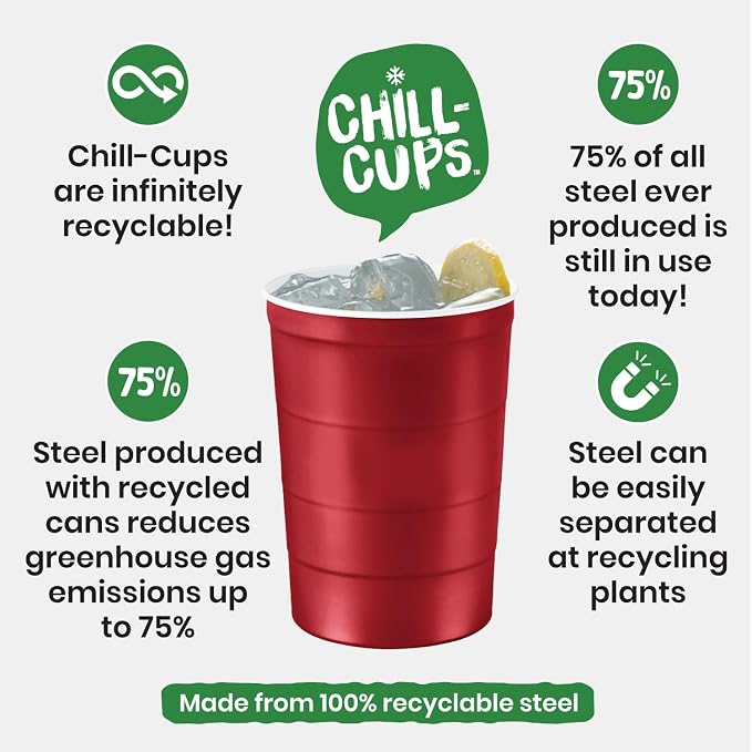 Steel Chill Cups 16 oz. Durable & Reusable Party Cups, Red, 12 Count