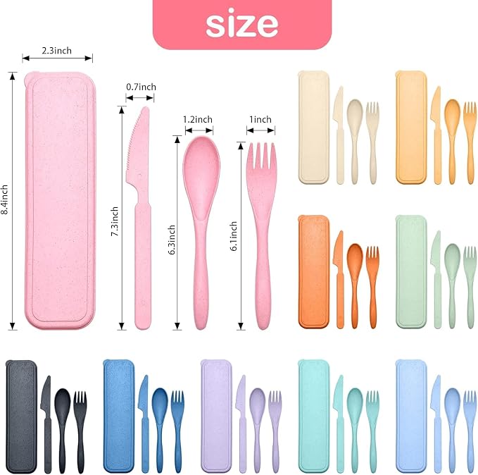 YDYTOP Reusable Travel Utensils Set with Case, 32 Sets Wheat Straw Knife Fork Spoon Cutlery, Multicolor Plastic Silverware for Kids and Adults, School Lunch, Party, Picnic and Camping