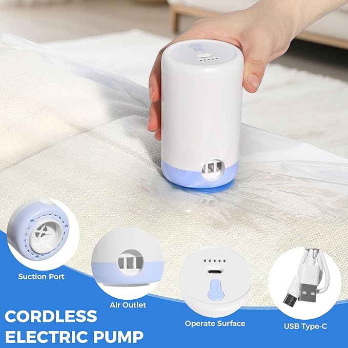 15 Pack Travel Vacuum Storage Bags with USB Electric Pump, Combo Space Saver Vacuum Seal Bags for Clothing Travel Vaccine Sealed Storage Bag for Comforters Blankets Clothes Suitcase, Clear