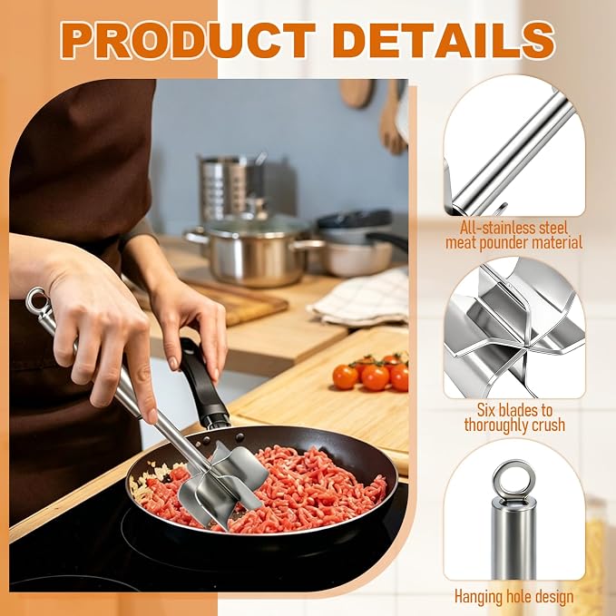 Meat Masher Dishwasher Safe, 304 Stainless Steel Meat Chopper,6-Blade Swirl Ground Beef Smasher,10 Inch Heavy Duty Potato & Hamburger Masher Tool (with Brush）