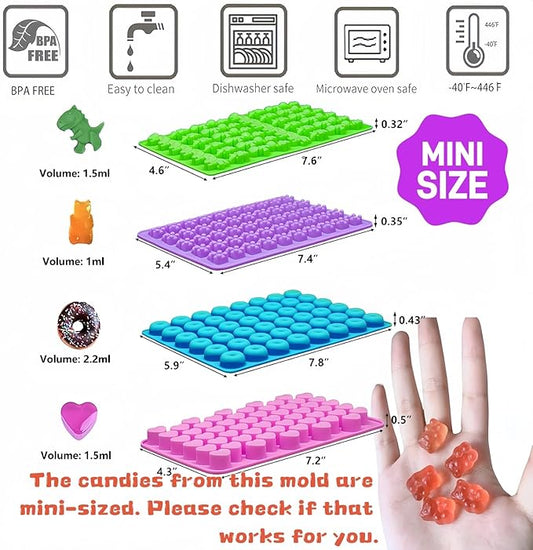 Mini Silicone Gummy Bear Molds (0.7 Inch Bite-Sized) - Non-Stick Chocolate & Candy Mold for Kids, Includes Dinosaur, Bear, Hearts & Donut Shapes (201 Cavities) - 4 Pieces + 3 Droppers By ENBRWAS