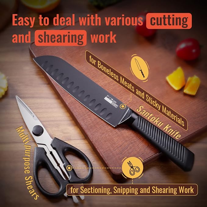 Knife Block Set, 15 Piece Kitchen Knife Set with 6 Steak Knife Set with Sharpener Chef Knife High German Carbon Stainless Steel Knife with Wooden Block Bread Knife Boxed | 6 Pieces Steak Knives, with Sharpener and Wood Block, German Steel