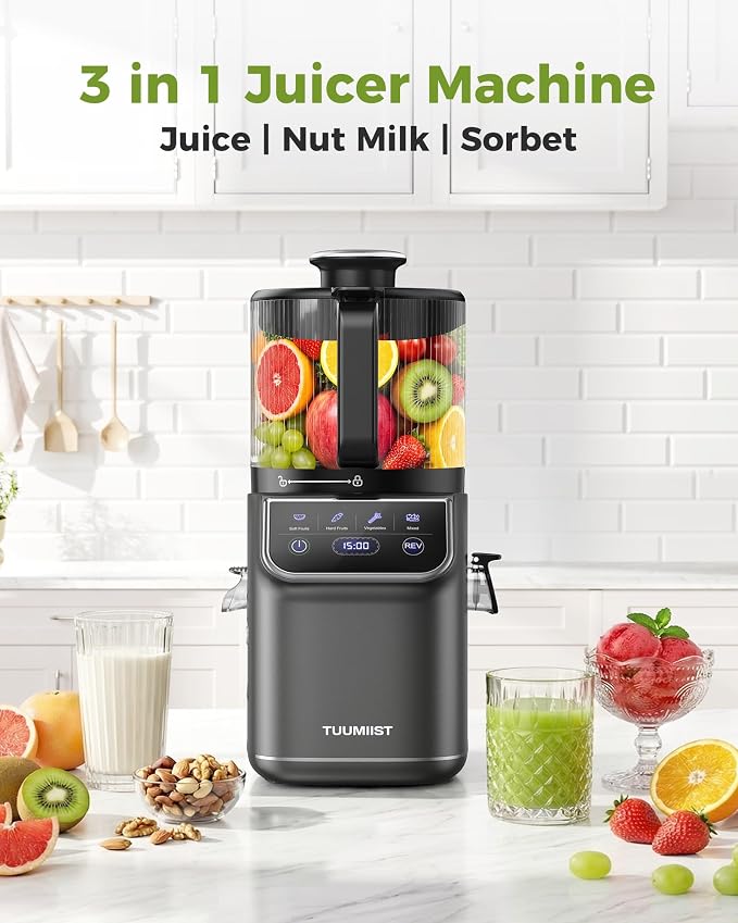 TUUMIIST 3-in-1 Cold Press Juicer Machine, Smart Touch Masticating Juicers for Whole Fruit & Vegetable, 6.5" Wide Chute Slow Juicer for Nut Milk & Sorbet, High Yield, Easy Clean (Gun Grey)