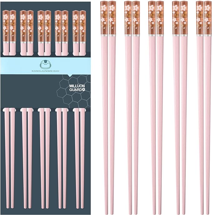 Pink Fiberglass Chopsticks, Reusable, Dishwasher Safe, Non-slip, 5 Pairs | Premium Japanese Chinese Sakura Design, Lightweight, 9.6 inches, Food-Grade, Durable, Heat-Resistant for Sushi Ramen