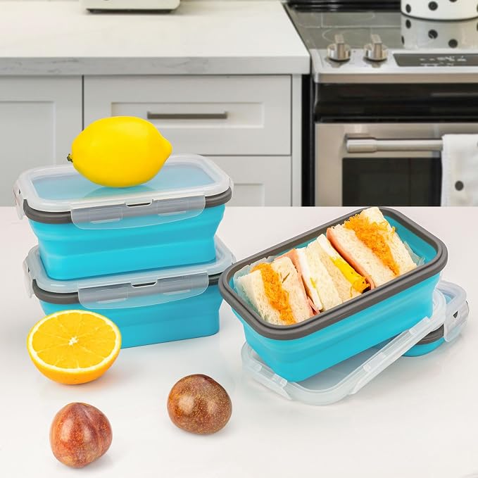 Collapsible Silicone Food Storage Containers Set with Lid & Air Vent,Foldable Lunch Containers(4PCS,Blue,17oz)