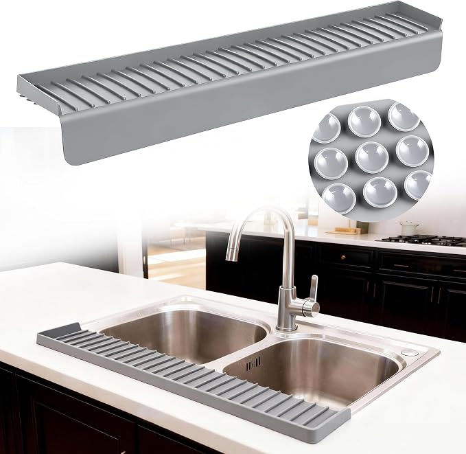 Silicone Sink Edge Protector Splash Guard, 20x4 Inch with Suction Cups & 5°Tilt, Cuttable for Kitchen Bathroom Countertops, Granite Quartz Surfaces (Gray)