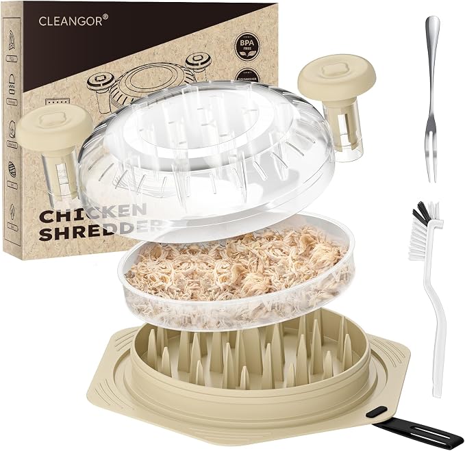 CLEANGOR Chicken Shredder Tool Twist Large, BPA Free Meat Shredder | with Ergonomic Handle, Non-Slip Food Shredder Tool for Pork, Beef, Set of Chicken Breast Shredder with Brush & Fork
