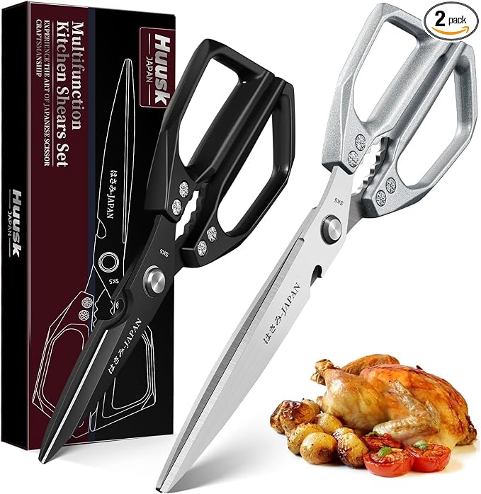 Huusk Kitchen Scissors Set Upgraded, Multifunction Kitchen Shears 2 Pack | Cooking Scissors for Meat, Fish, Vegetables, Chicken Bones, Turkey, Ergonomic Handles, Dishwasher Safe, Gifts for Women