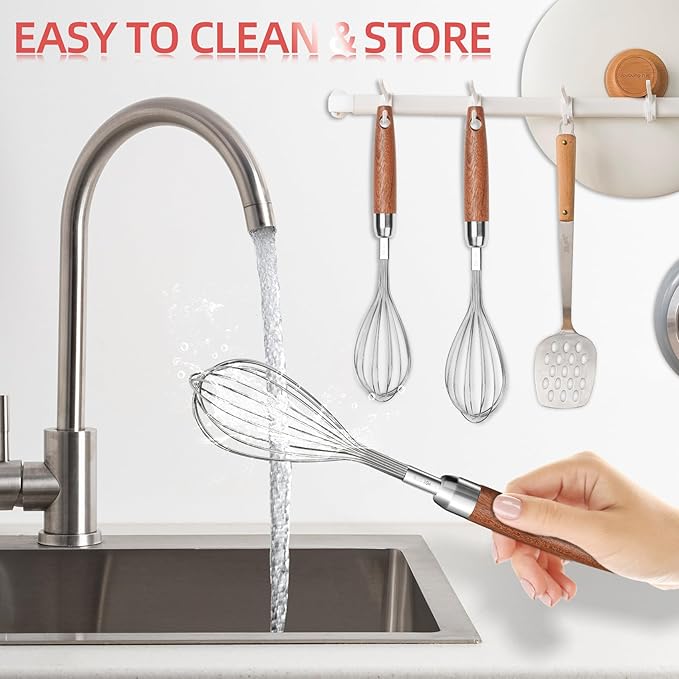 Whisk for Cooking,Stainless Steel Wire Wooden Handle Kitchen Multi Function Non Stick Balloon Whisk Egg Beater for Blending Whisking Beating Frothing Stirring Batters (11"L x 2.1"W)