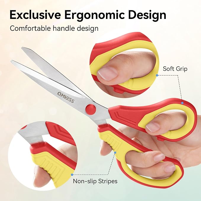 QMVESS 8.5" Scissors All Purpose 3 Pack Heavy Duty for Office School Fabric | Ultra Sharp 2.5mm Thick Stainless Blade, Ergonomic Comfort Grip, Left & Right Handed Classroom Must-Have Cutting General Use