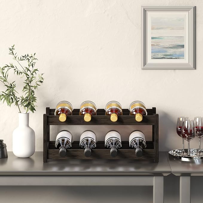 BAMEOS Wine Rack Freestanding 2 Tier 8 Bottle Bamboo Wine Racks Countertop Cabinet Wine Holder Wine Storage Shelf for, Bar, Pantry Wine Cellar Basement Countertop Mocha (16.85 L x 9.25W x 7H