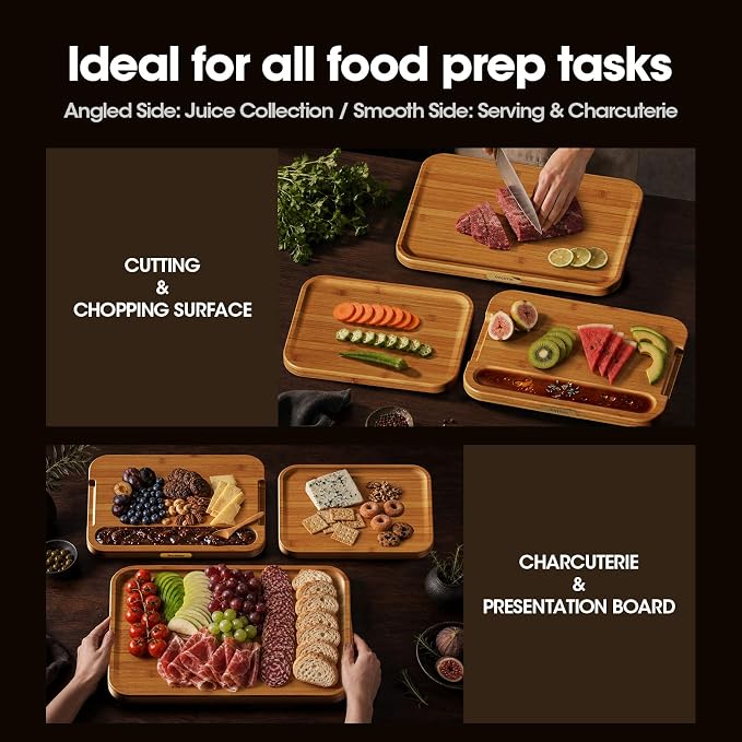 Deep-Carbonized Bamboo Cutting Board, 17 x 12 Inch | FSC-Certified 0.8 IN Bamboo | Extra-Large Space, Sloped Juice Groove, Reversible Serving Side, Sauce Well & Grip Handles