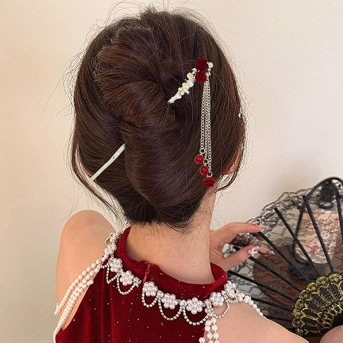inSowni 8 Pieces Retro Vintage Asian Chinese Traditional Hanfu Gold Metal Rose Flower Butterfly Hair Pins with Bead Pendants Long Hair Sticks Forks Bun Updo Holders Hairpins for Women Girls