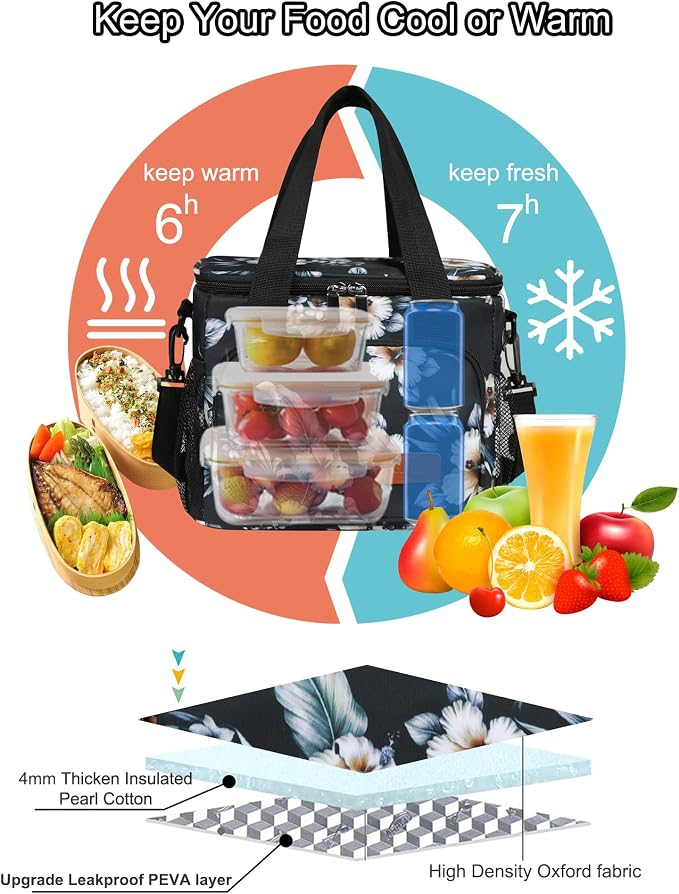 Lunch Bags for Women/Men, Insulated Lunch Bag for Work Office Picnic - Lunch Cooler Bag Leakproof Lunch Box with Adjustable Shoulder Strap - Hibiscus