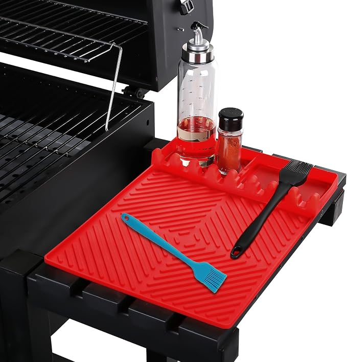 Find law Silicone Tools Mat for Griddle & Kitchen Countertop | Red Side Shelf Spatula Mat with Drip Pad for Blackstone Weber Traeger Pit Boss Flat Top Grill Smoker, BBQ Gifts for Men