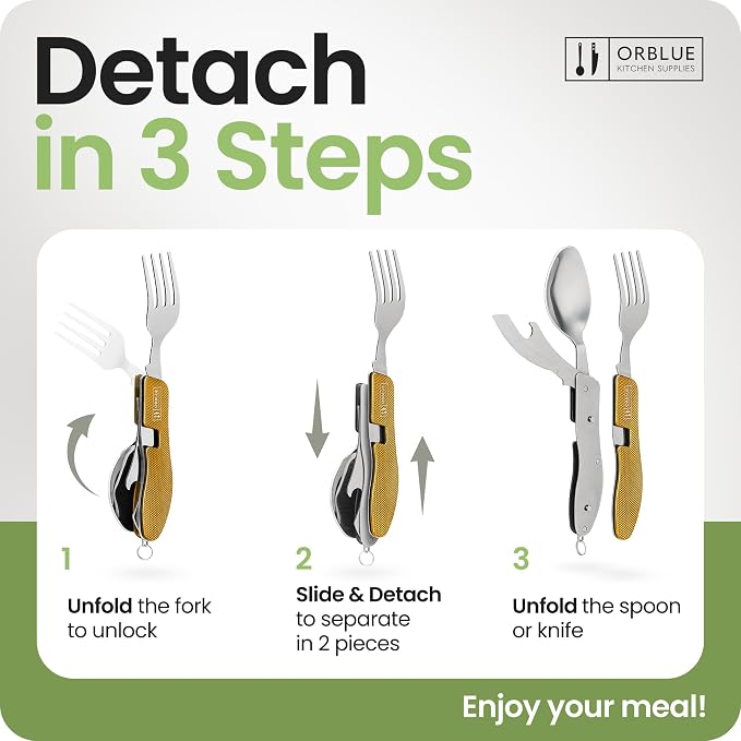 Orblue 4-in-1 Camping Eating Utensils, 2-Pack - Portable Spoon, Fork, Knife & Bottle Opener Combo Set - Stainless Steel Flatware with Detachable Fork - Travel, Backpacking Cutlery Multitool, Yellow