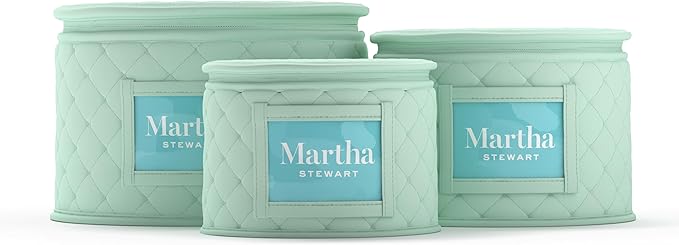 Martha Stewart Dinnerware Stemware Glassware Stackable Organizer Home Storage Container Case, 3 Piece Dinnerware Set Organizer For Dessert, Salad and Dinner Plates With Felt Dividers, Mint