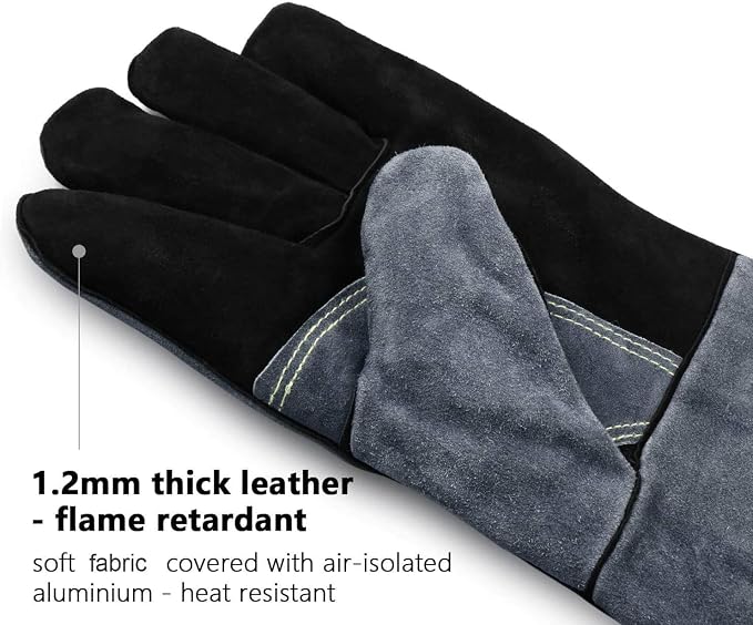 OZERO Welding Gloves, 16 Inch, EN407 Heat Resistant to 932°F, Black-Gray | 1.2 mm Split Leather, Aluminum Heat Shield, Aramid Stitching, Long Cuff, MIG/TIG/Stick welding, Fireplace Fire Pit and BBQ
