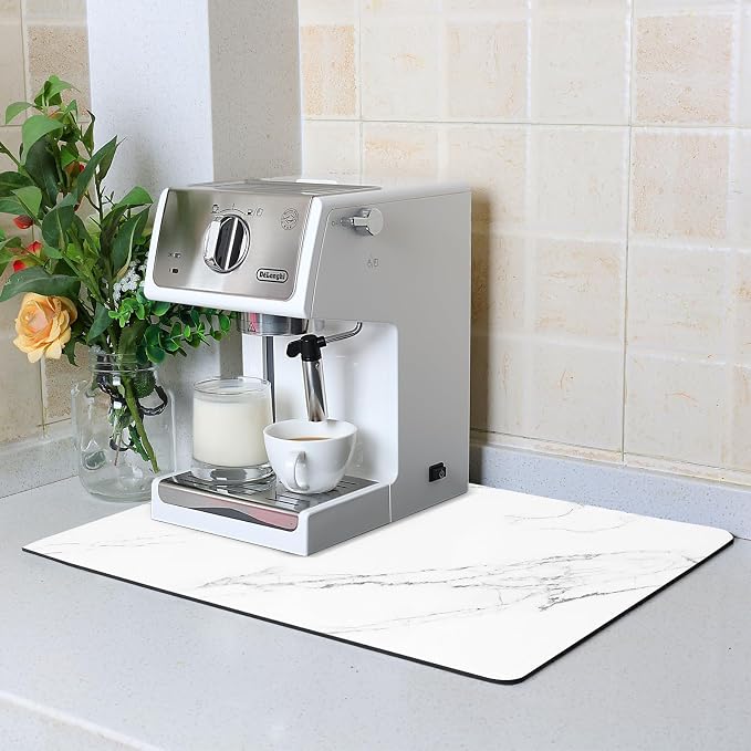 ZLR Coffee Bar Mat for Keurig & Nespresso, 12"x16" Small, Marble White | Absorbent Dish Drying Mat, Stain-Hiding PU Leather Top, Non-Slip Rubber Back, Heat-Resistant, Fits Frother & Pour-Over