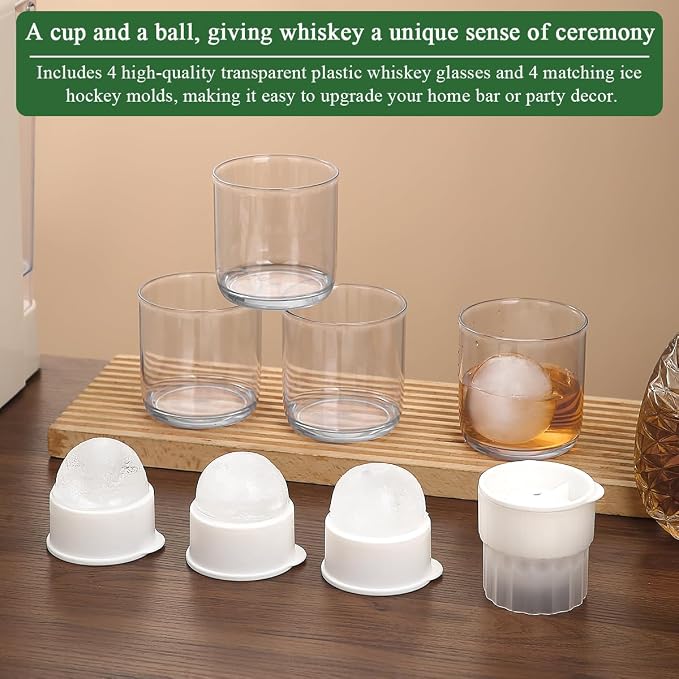 Berglander Whiskey Glasses Set of 8 (4 Bourbon Glasses, 4 Big Ice Ball Molds) 11.5 oz Reusable PET Clear Plastic Old Fashioned Glasses for Scotch Cocktail Cognac Vodka Liquor Cold Drink, Gifts for Men
