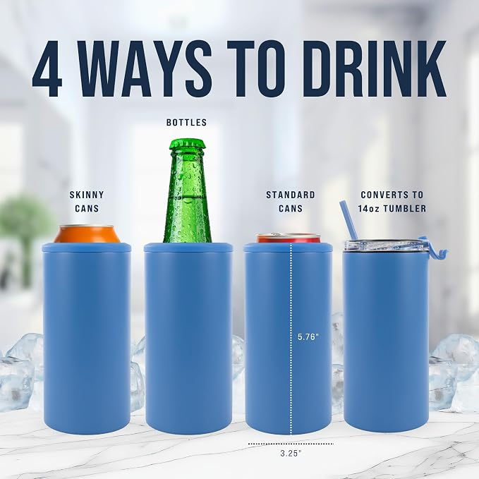 4 in 1 Universal Can Cooler - Steel Blue, Can Holder Insulated, Beer Bottle Cooler, Universal Holder for All Drink Sizes, Stainless Steel Insulated Tumbler, Tailgating Accessories