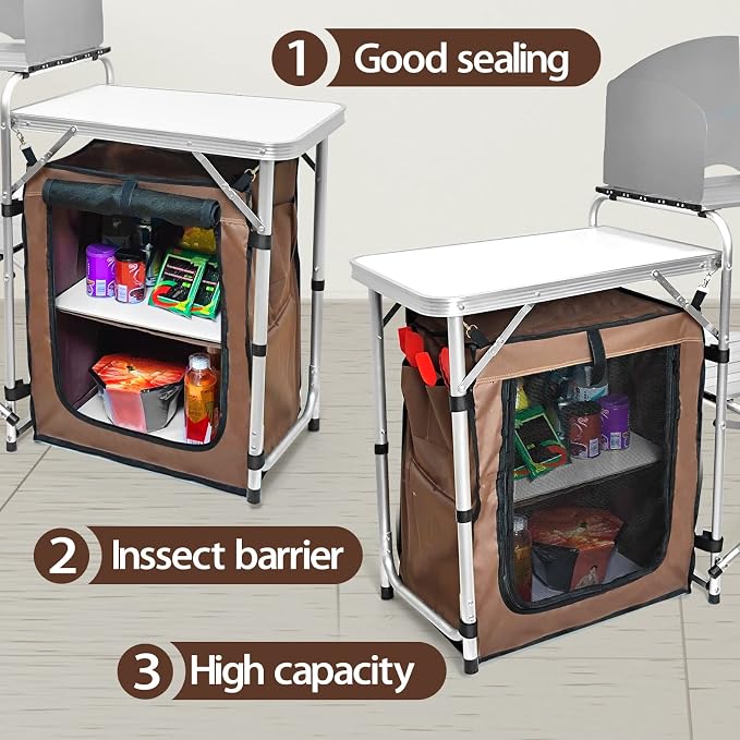 CampLand Folding Camping Kitchen Table with Windscreen,Portable Outdoor Cooking Station with Storage Cabinet & Side Tables Heavy Duty Camp Cook Station for Camping & BBQ（White）