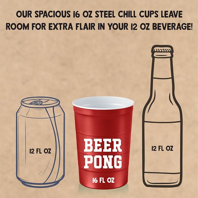 Steel Chill Cups 16 oz. Durable & Reusable Party Cups, Beer Pong, 12 Count | Made in USA from Steel these durable cups chill fast & keep your drink cold for longer, 100% recyclable for sustainablity