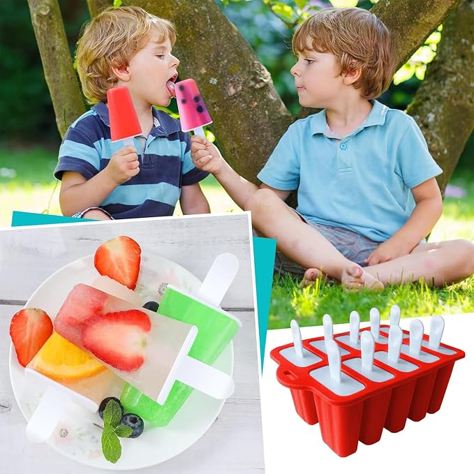 Easy Release Popsicles Molds, 10-Cavity Silicone Popsicle Molds with Sticks, Popsicle Maker Mold Set, BPA Free Homemade Ice Pop Mold for Kids, Toddlers, Adults