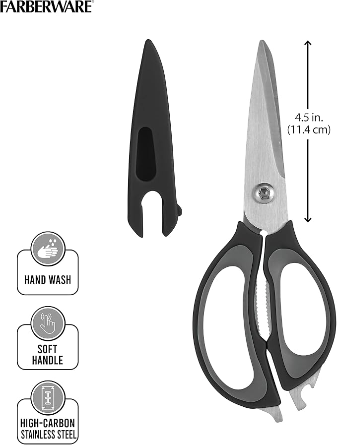 Farberware 4-in-1 Kitchen Shears with Sheath, High-Carbon Stainless Steel Scissors with Bottle Opener, Jar Opener and Screwdriver, Grey and Black Ergonomic Handle