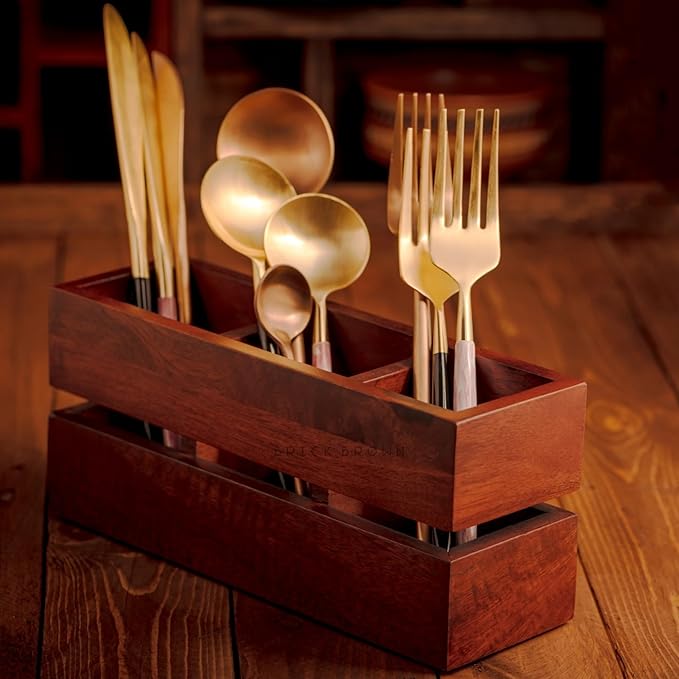 Brick Brown Premium Handcrafted 3-Partition Wooden Cutlery Holder Storage Spoon, Knife, Fork, Chopstick Caddy Self Organizer Stand for Home Kitchen Tableware Restaurant in Mahogany(9.1x3x3.9Inch)