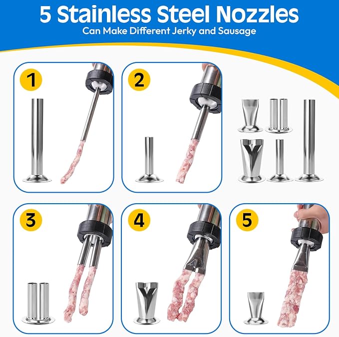 Beef Jerky Gun Kit Meat Maker Sausage Shooter Stainless Steel Tools | Professional Grade, 5 Nozzles, 1 Meat Pusher, 5x Cleaning Brushes 2 Sets, Sausage Shooter Accessories, Bonus Pair Hand Gloves