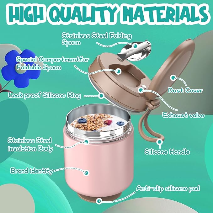 Thermo for Hot Food Kids - 15.2oz with Folding Spoon and Silicone handle | Leak Proof Insulated Food Jar, Soup Thermo, Wide Mouth Insulated Lunch Containers, Dishwasher Safety