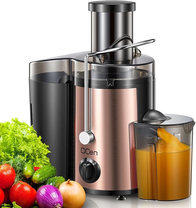 QCen Juicer Machine 500W Centrifugal Juicer with Extra Wide Feed Chute | For Fruits And Vegetables, Stainless Steel, BPA-Free Parts, Easy To Clean, Rose Gold Finish, Compact Countertop Juicer