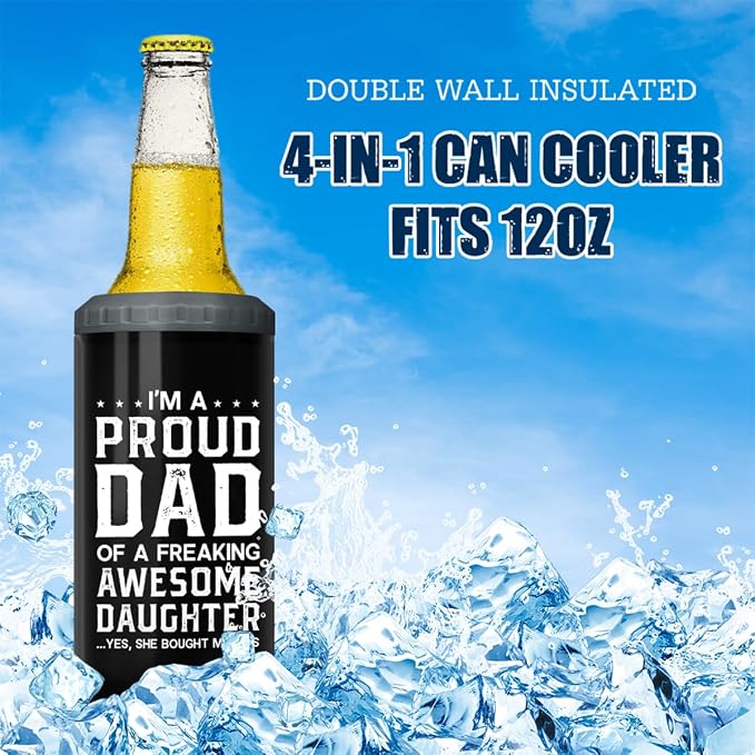 SANDJEST 4-in-1 Dad Tumbler Gifts for Dad from Daughter - 12oz Funny Proud Dad Can Cooler Tumblers Cup - Stainless Steel Insulated Cans Coozie Travel Mug Christmas, Birthday, Father's Day Gift