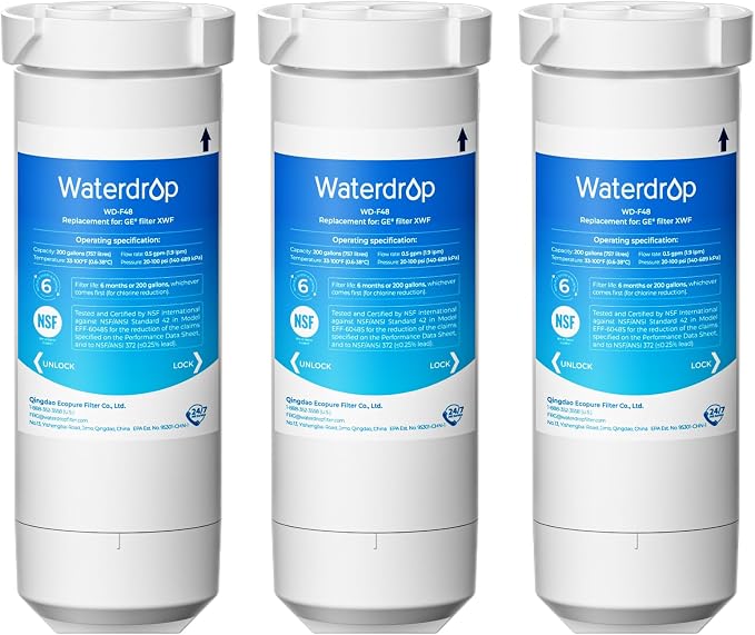 Waterdrop XWF Water Filter Replacement for GE® WR17X30702, 3 Pack, No chip | Replacement for GE® XWF, NSF 42 & 372 Certified, Compatible with GE® GNE27, GFE26, GDE25, GSS25, PSE25 Series Refrigerators