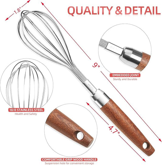 Stainless Steel Wire Whisk for Cooking- Wooden Handle Kitchen Multi Function Non Stick Balloon Whisk Egg Beater for Blending Whisking Beating Frothing Stirring Batters (9"L x 1.8"W)