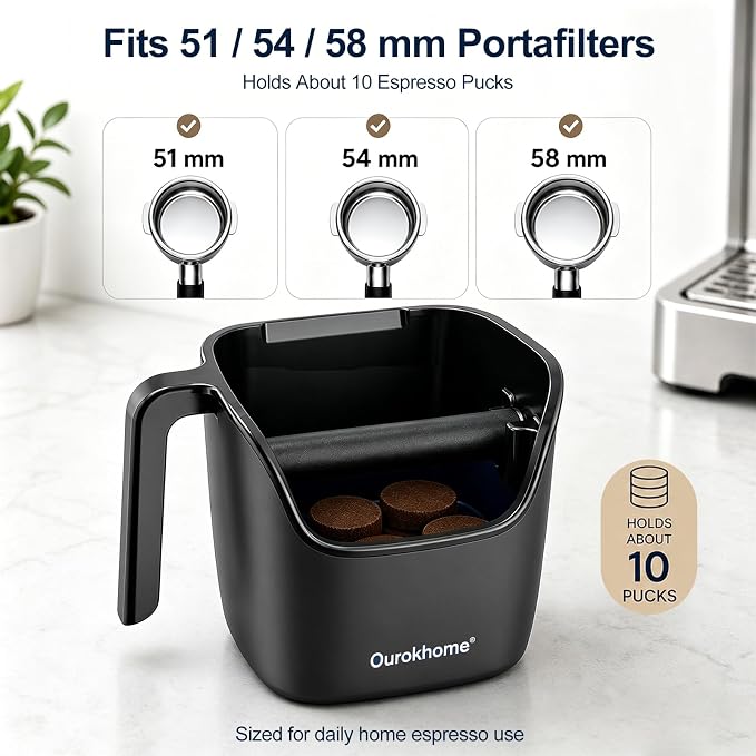 Ourokhome Espresso Knock Box with Lid, Compact Coffee Grounds Container for Home Coffee Bar, Removable Knock Bar, 304 Stainless Steel Exterior, Non-Slip Base & Handle, Easy Clean (Black)