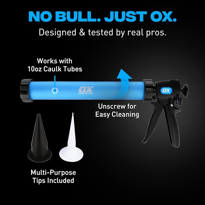 OX Professional Sausage Caulking Gun 20-Ounce Manual Sausage Gun - Dual Thrust 12:1 & 24:1 Ratio for Adhesive & Sealant - Pistola De Caulking