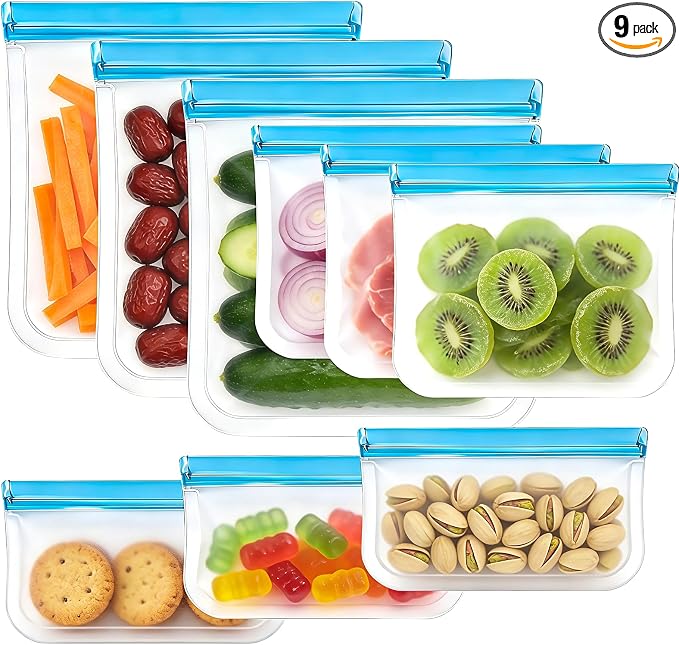 9 Pack Silicone Reusable Freezer Bags Set, 3 Sizes (Gallon/Snack/Sandwich) - Airtight, BPA-Free Reusable Plastic Bags for Food Storage & Lunch Container Organization Lock Bags