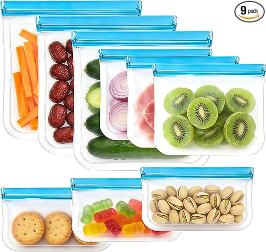 9 Pack Silicone Reusable Freezer Bags Set, 3 Sizes (Gallon/Snack/Sandwich) - Airtight, BPA-Free Reusable Plastic Bags for Food Storage & Lunch Container Organization Lock Bags