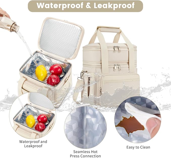 holuxer Insulated Lunch Bag & Lunch Box for Women - Double Deck Reusable Lunch Bag for men Tote Cooler Bag Leakproof Soft Expandable - Large Lunchbox for Work/Adult/Picnic/Outdoor (Cream，15L)
