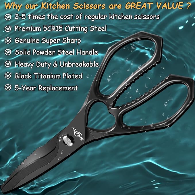 SUCCFLY Heavy Duty Kitchen Scissors for Food Titanium Plated Black 8.8 Inch | Premium Kitchen Shears, Ultra Sharp 5CR15 Detachable Blade, All-Steel & Anti-Slip Poultry Shears, All Purpose Scissors